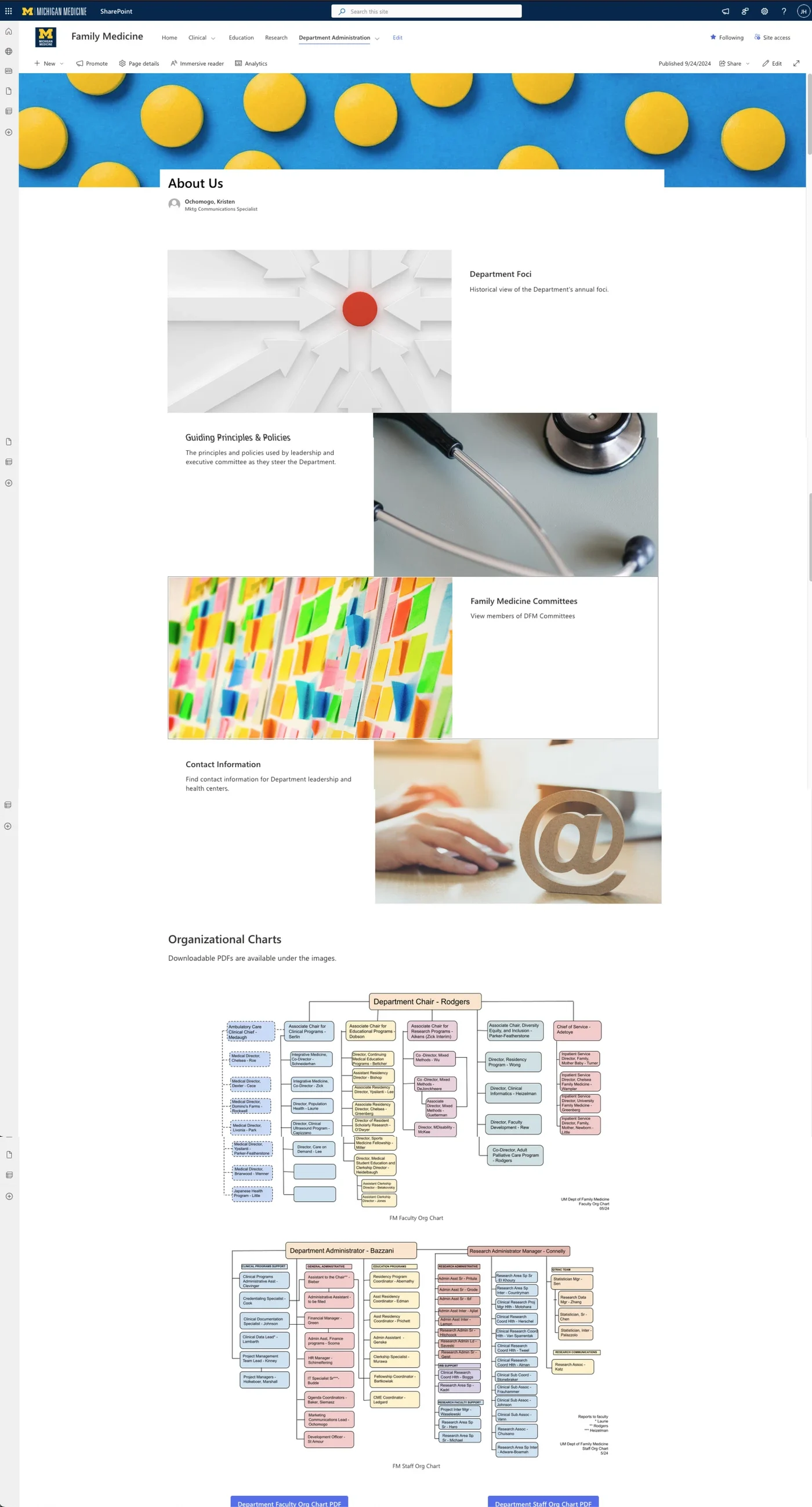 The legacy administration page at full length: stock-photo tiles and long lists of links.