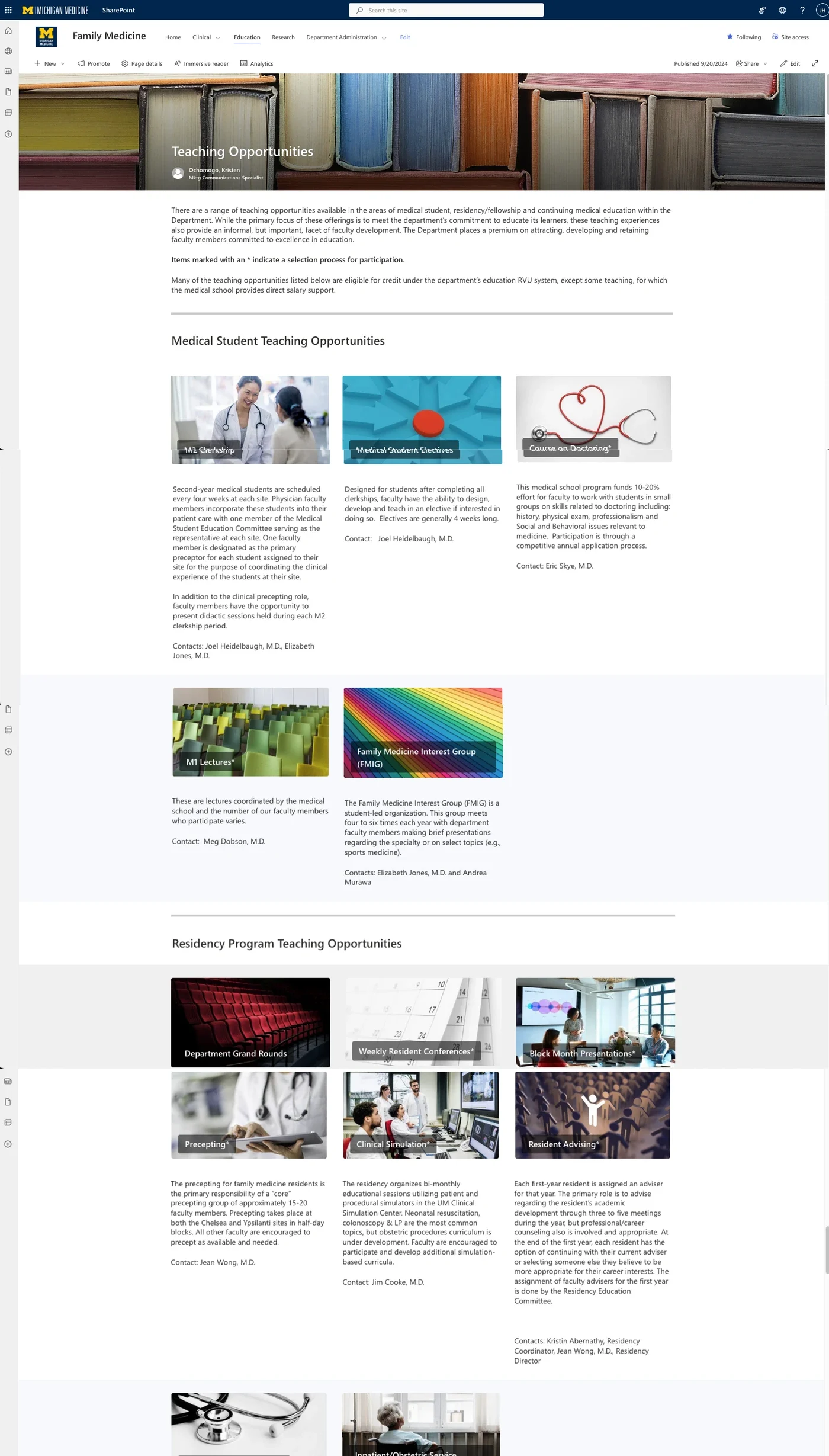The legacy education page at full length: teaching opportunity tiles, paragraphs of contacts and a second tier of tiles.