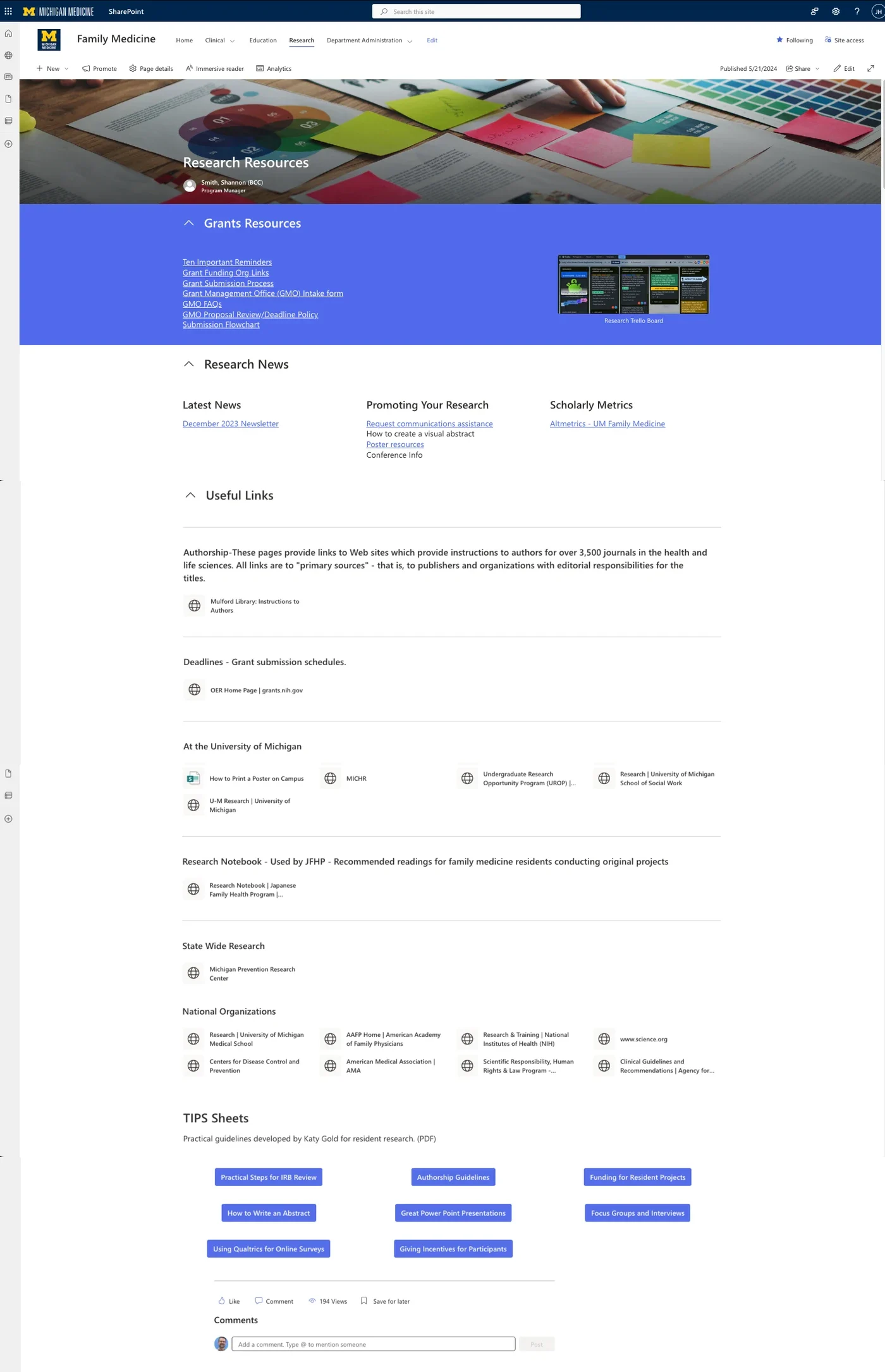 The legacy research page at full length: a grants block, news columns, seven groups of useful links and a grid of tips sheets.