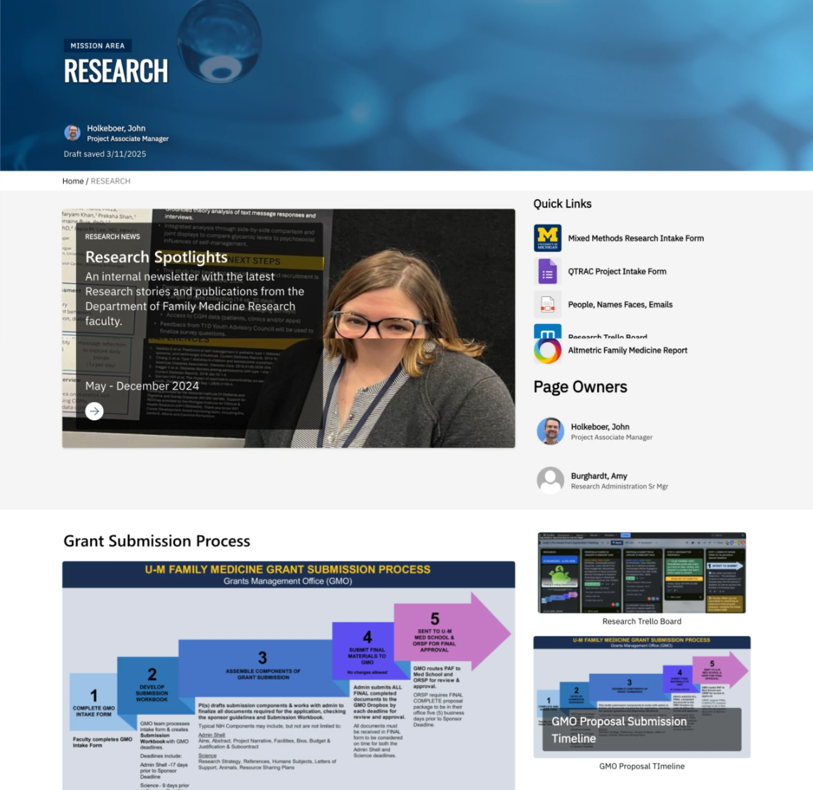 First iteration of the research page, chunking information into navigable sections.