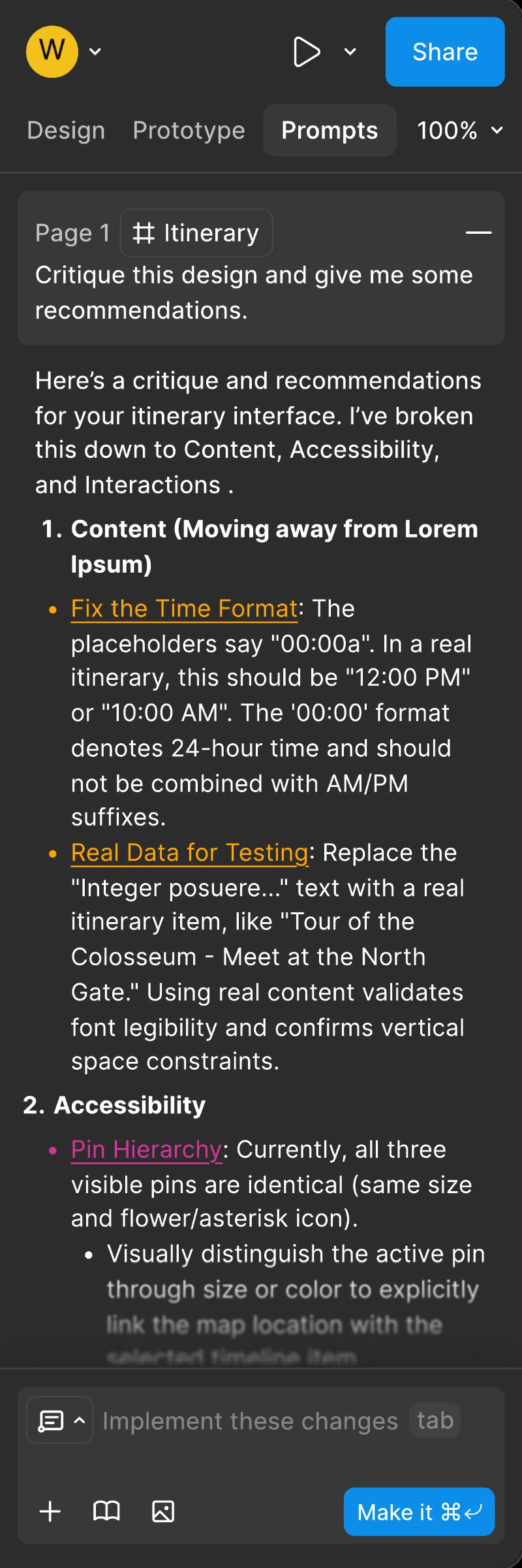 The Prompts panel in Annotate mode: a critique of the itinerary frame grouped under content, accessibility and interactions, each recommendation colour-linked to a pin on the canvas and followed by its reason.