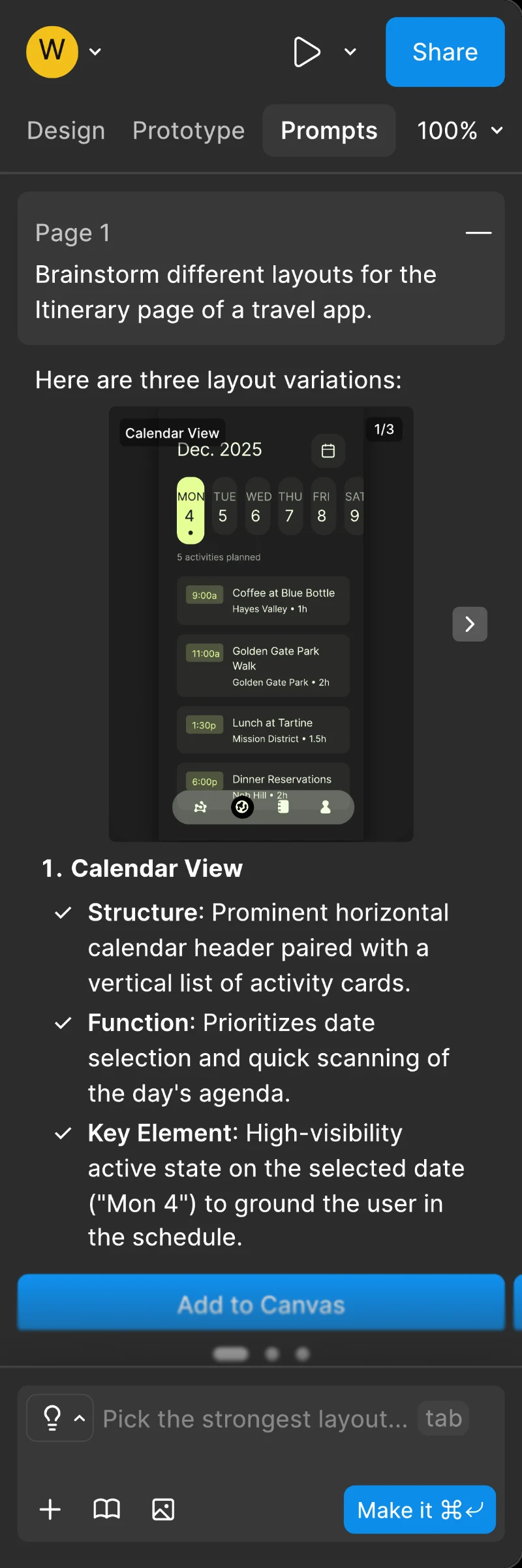The Prompts panel in Brainstorm mode: a prompt to brainstorm layouts, a preview of the first of three variations, a checklist of its structure, function and key element, and an Add to Canvas button.