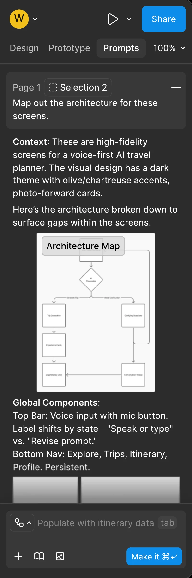 The Prompts panel in Diagram mode: a context statement about the selected screens, an architecture map, global components, and the start of a decisions and rationale table.