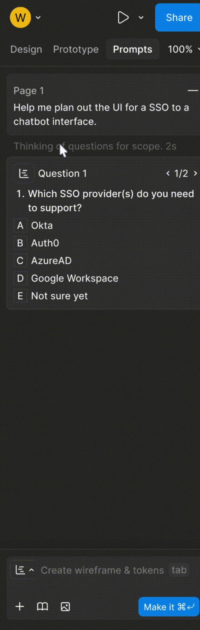The Prompts panel in Plan mode: a prompt to plan an SSO interface, a note that it is thinking of questions for scope, and a card asking which SSO providers to support with five answers.