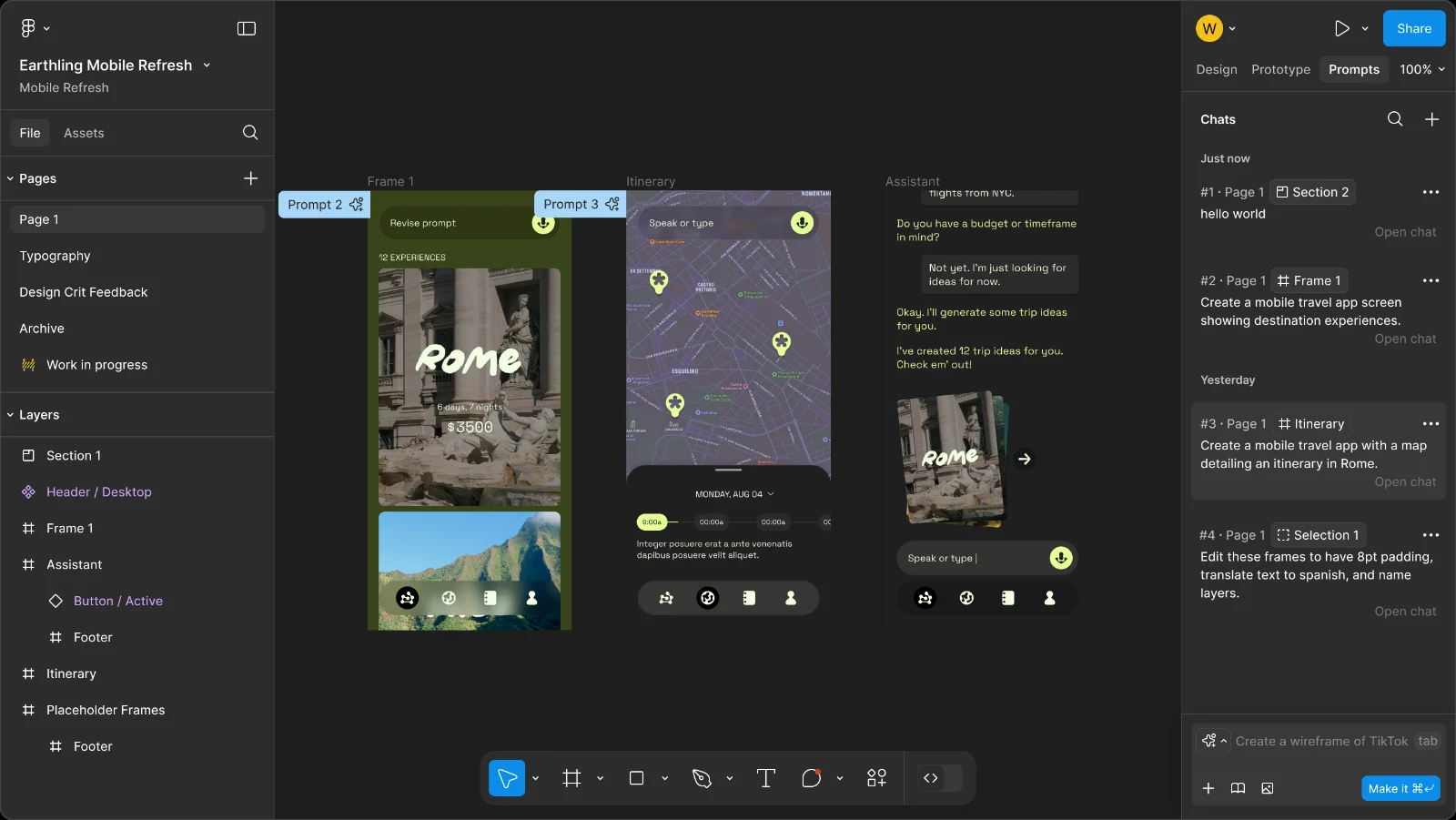 The Figma editor with a Prompts tab active beside Design and Prototype. The right panel lists four chats, each tagged with the page, section, frame or selection it belongs to, and three mobile frames on the canvas carry Prompt 2 and Prompt 3 labels.