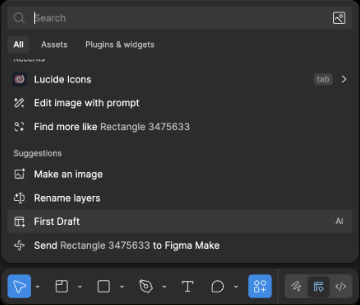 Figma Design's search menu with AI suggestions: make an image, rename layers, first draft, and send the selected rectangle to Figma Make.