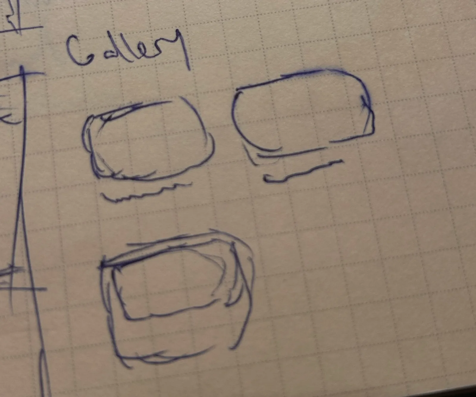 A ballpoint sketch on grid paper headed Gallery: three cards at different proportions, each with the same soft corner, one nested inside another.