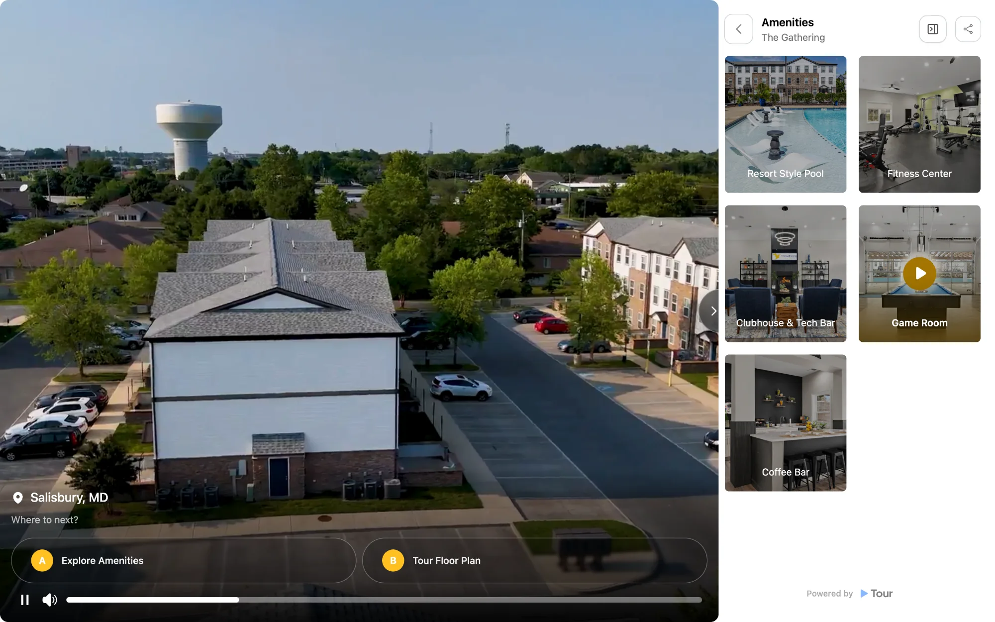 Branch A: the rail turns into an amenities browser for The Gathering - five tiles labelled Resort Style Pool, Fitness Center, Clubhouse and Tech Bar, Game Room, and Coffee Bar - while the video keeps playing beside it.