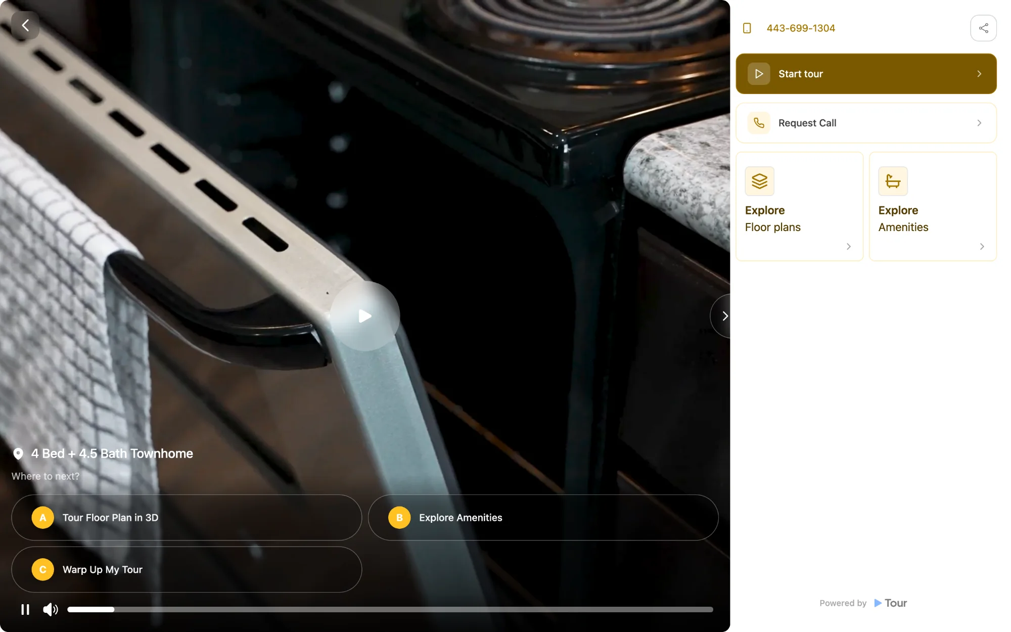 Branch B: the tour is now labelled “4 Bed + 4.5 Bath Townhome” and the camera is in the kitchen at the oven, with three lettered options beneath it - Tour Floor Plan in 3D, Explore Amenities, and a third that ends the tour.