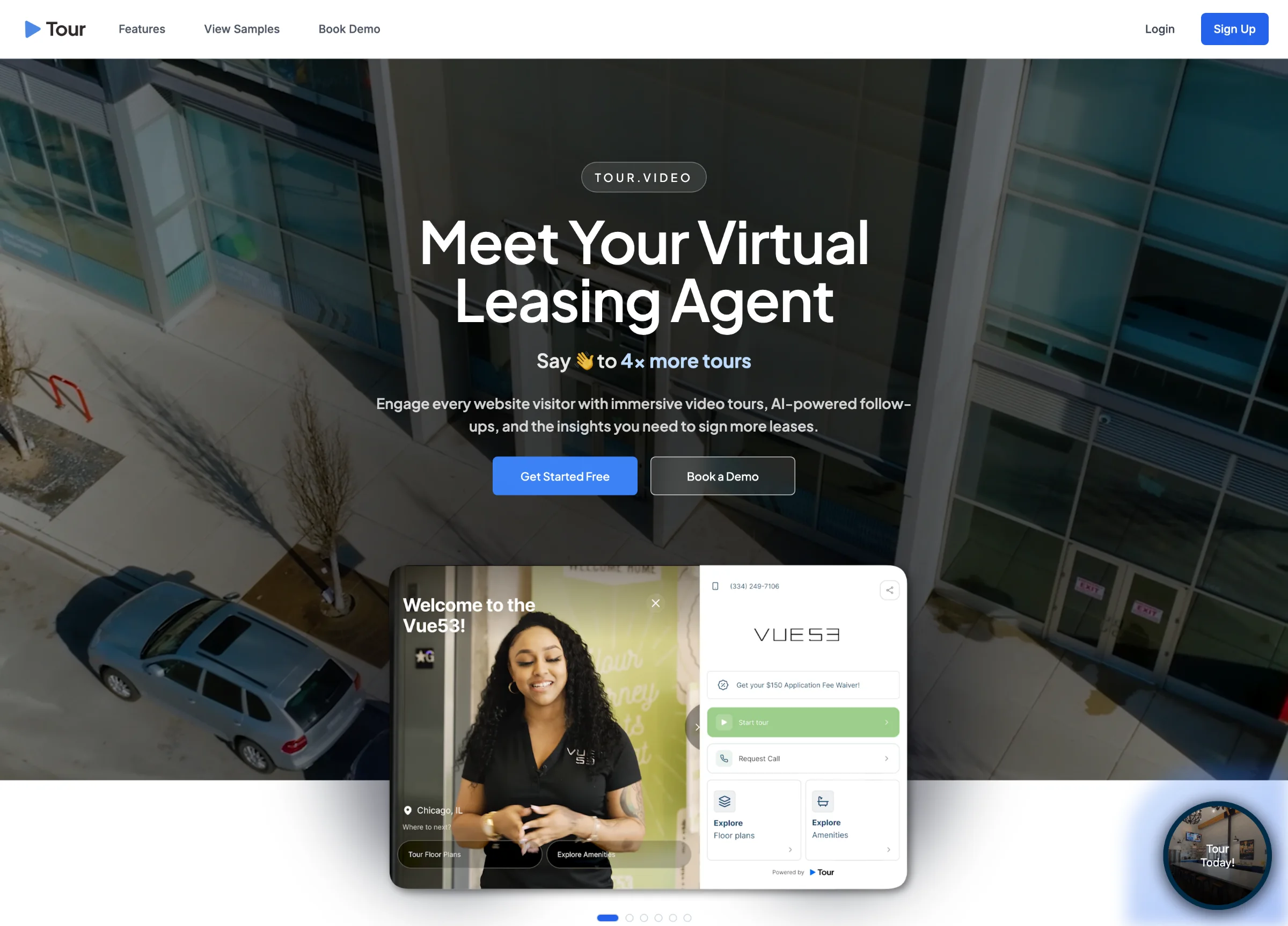 Tour's landing page: the headline “Meet Your Virtual Leasing Agent” over an aerial shot of an apartment building, with the widget previewed below it - a video pane on the left and the conversion rail on the right.