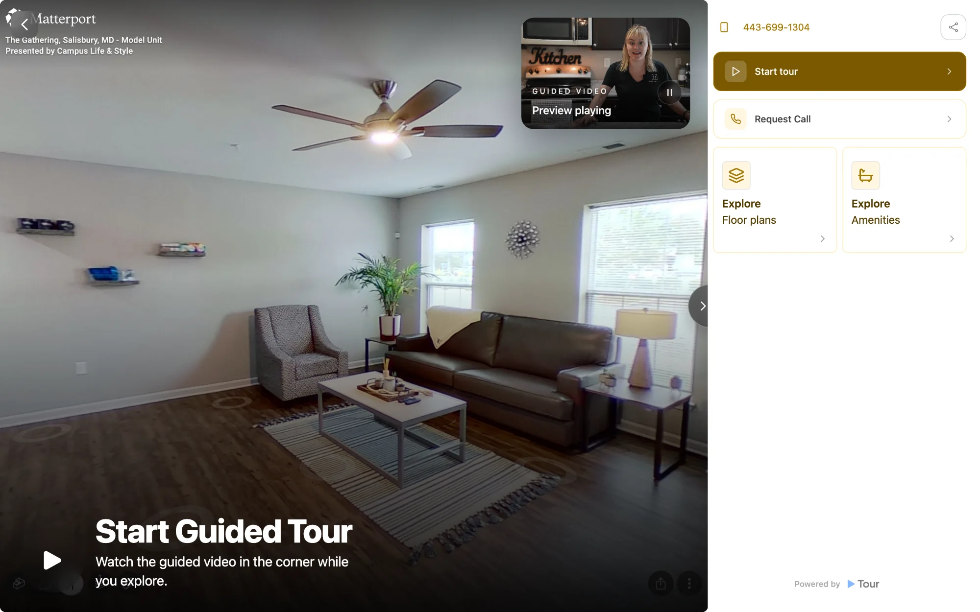 The 3D step: a Matterport walkthrough of the real model unit fills the frame, the guided video is demoted to a small picture-in-picture card in the top corner marked “Preview playing”, and the conversion rail is unchanged on the right.