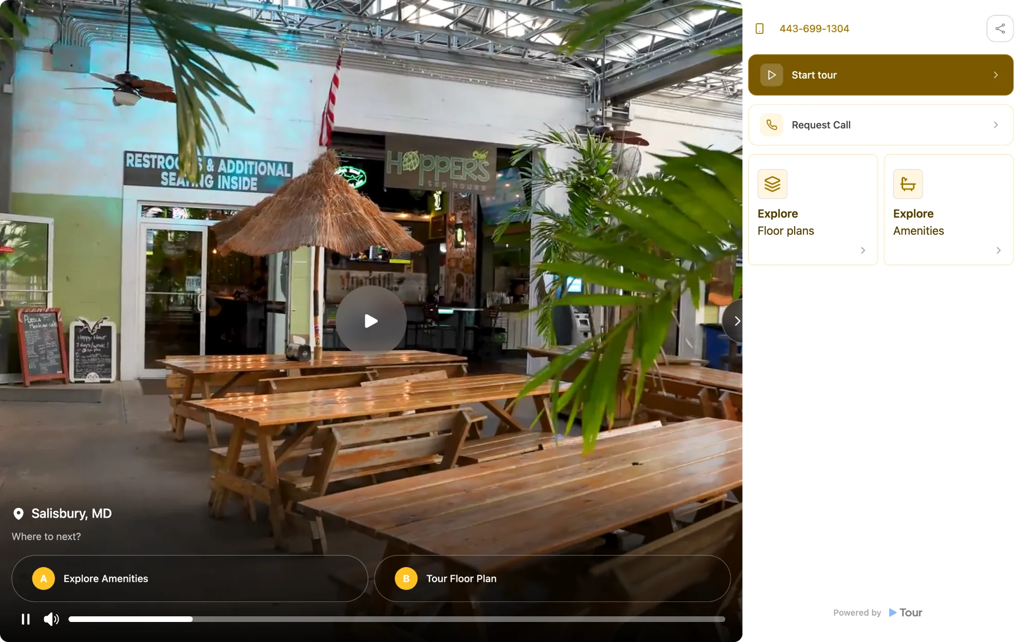 The hosted tour at tour.video: video fills the left, and a right-hand rail carries a phone number, a primary “Start tour” button, “Request Call”, and two tiles reading “Explore Floor plans” and “Explore Amenities”.