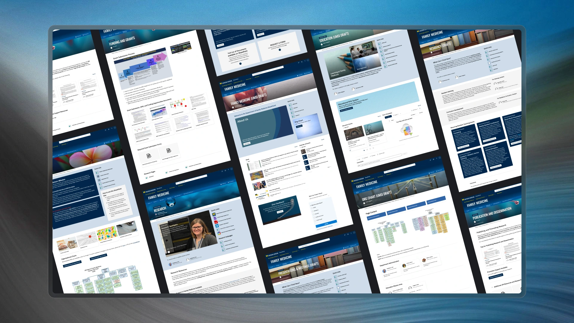 A tilted mosaic of the redesigned Family Medicine SharePoint pages - home, about, research, education, org chart and publication - on a blue gradient.